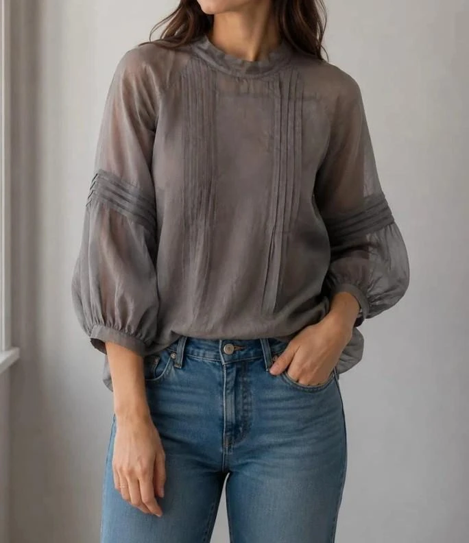 Stile Benetton Light Grey Pleated Balloon Sleeve Blouse M – photo 3